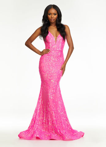 Hot Pink Long Fitted Sequin Prom Dress ...